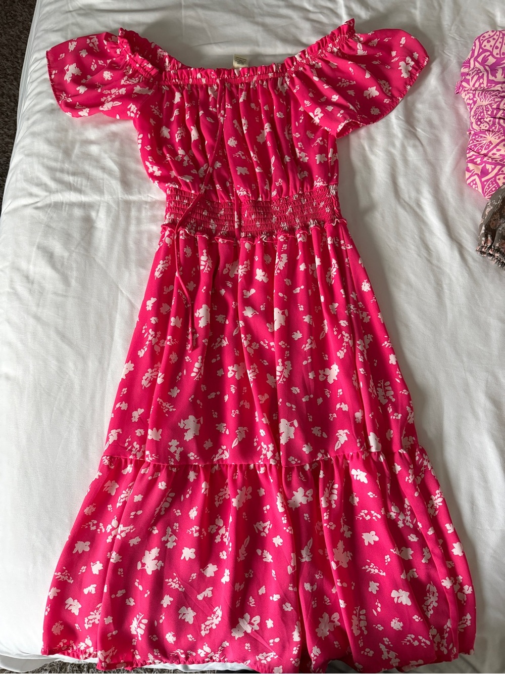 Bright Pink Floral Off-Shoulder Mini Dress